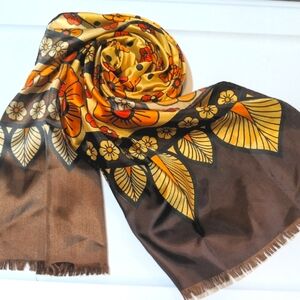 Vintage 60s Sillook Boho Scarf Brown Orange Gold Daisy Mod Hippie Style